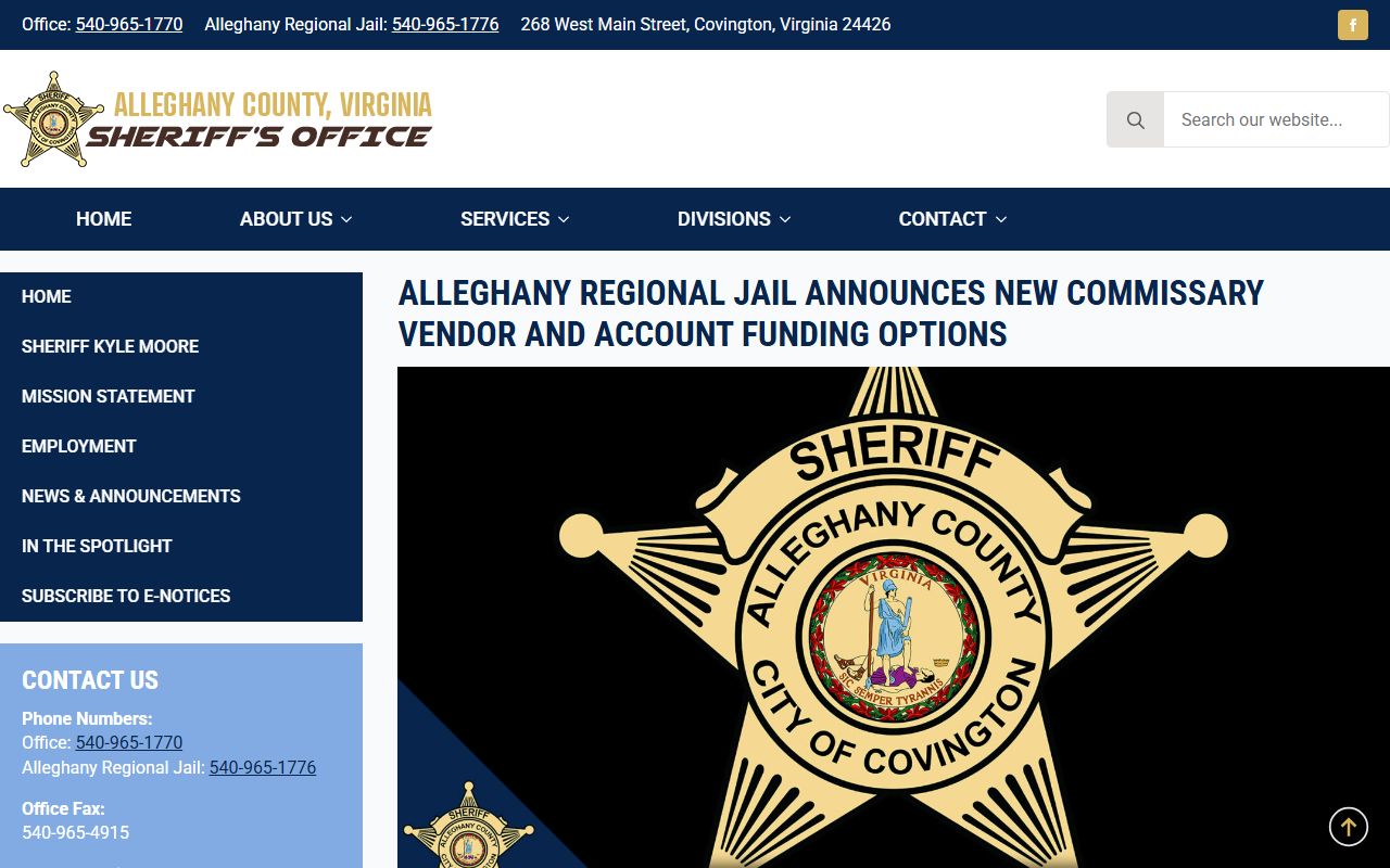 Alleghany Regional Jail commissary update for Bath County inmate money