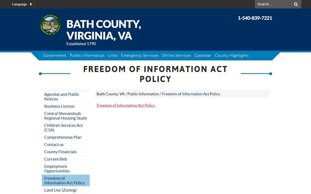 Bath County FOIA policy for jail mugshot and booking photo requests
